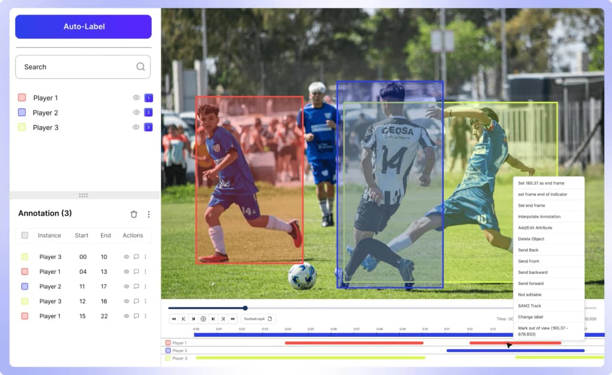 Professional video annotation services including object tracking, frame-by-frame labeling, action recognition, event detection, lane annotation, sports analytics, surveillance datasets, and autonomous driving video annotation.